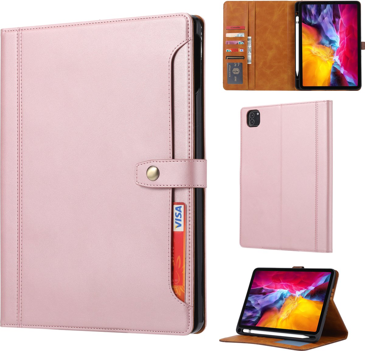 Hoes geschikt voor Apple iPad Pro 12.9 (2021) | Leren iPad Book Case | iPad Hoesje | Pasjes | Roze