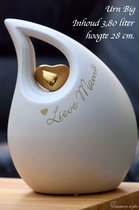 Crematie-as Urn Big met uw gewenste naam en hartje- Keramiek Urn Groot Wit met metalen gouden metallic hartje, inhoud 3,80 liter, lengte 28 cm, urn voor mens, urn voor dier, hond,k