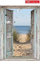 D&C Collection - tuinposter - 95x130 cm - doorkijk -  Openslaande deuren -  luxe uitvoering - Hollands strand met duinovergang en meeuwen - tuindecoratie - tuindoek - tuin decorati