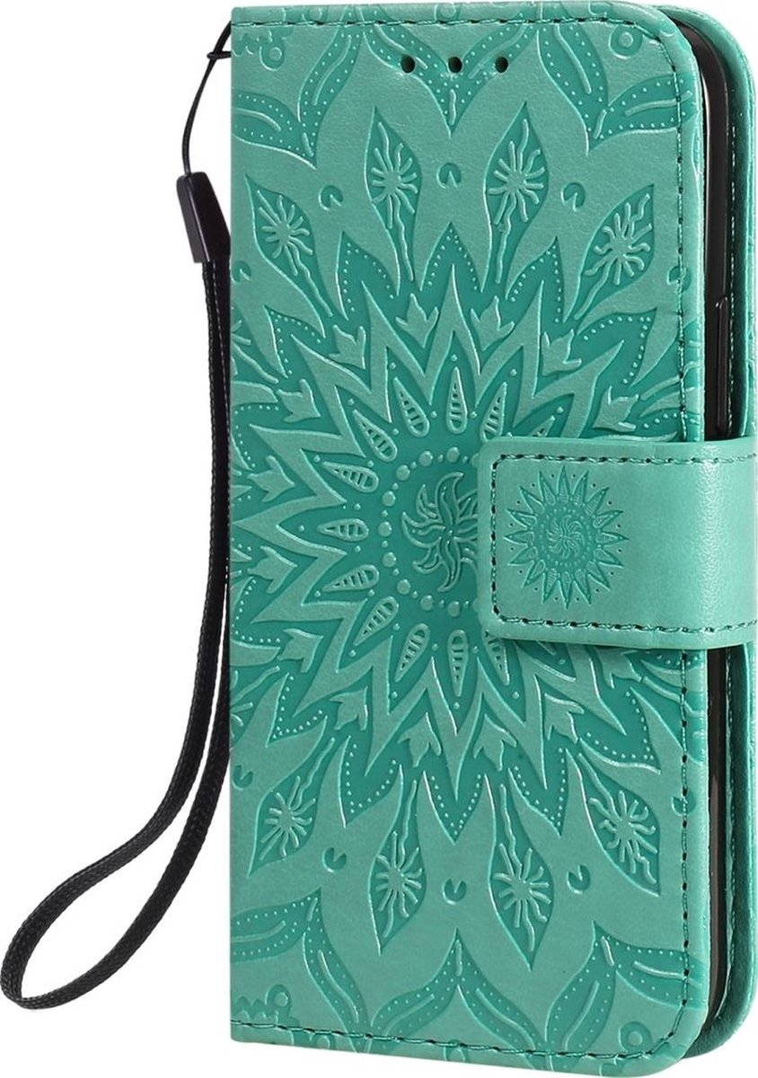 Mobigear Telefoonhoesje geschikt voor Apple iPhone 12 Mini Hoesje | Mobigear Sunflower Bookcase Portemonnee | Pasjeshouder voor 2 Pasjes | Telefoonhoesje voor Pinpas / OV Kaart / Rijbewijs - Turquoise