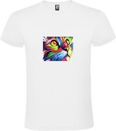 Wit T-shirt met Poes in prachtige kleuren size L