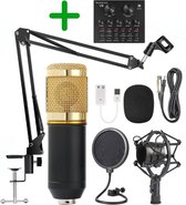 Microfoon voor PC & Laptop met Soundboard- USB Plug & Play- Incl. Microfoonarm & Tripod- Studiomicrofoon met shockmount & Popfilter- Gaming, Streaming & Podcast- Incl. Plopkap- Ver