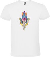 Wit T-shirt Hamsa  Hand met Olifant Hand in Oranje Geel, Blauw en Groene kleuren size M