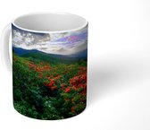 Mok - Rode bloemen in een boom met een zonsopgang in North Carolina - 350 ML - Beker - Uitdeelcadeautjes