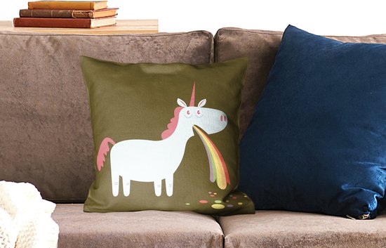 Sierkussen Licorne illustration pour usage intérieur - Une illustration d'une licorne vomissant - 45x45 cm - Coussin intérieur carré en coton