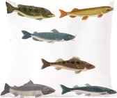 Sierkussens - Kussen - Een illustratie van zes gekleurde vissen - 60x60 cm - Kussen van katoen