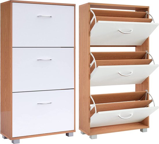 Schoenenkast 3 Kleppen - 60 cm Breed - Wit Grafietgrijs - Klassiek Ontwerp