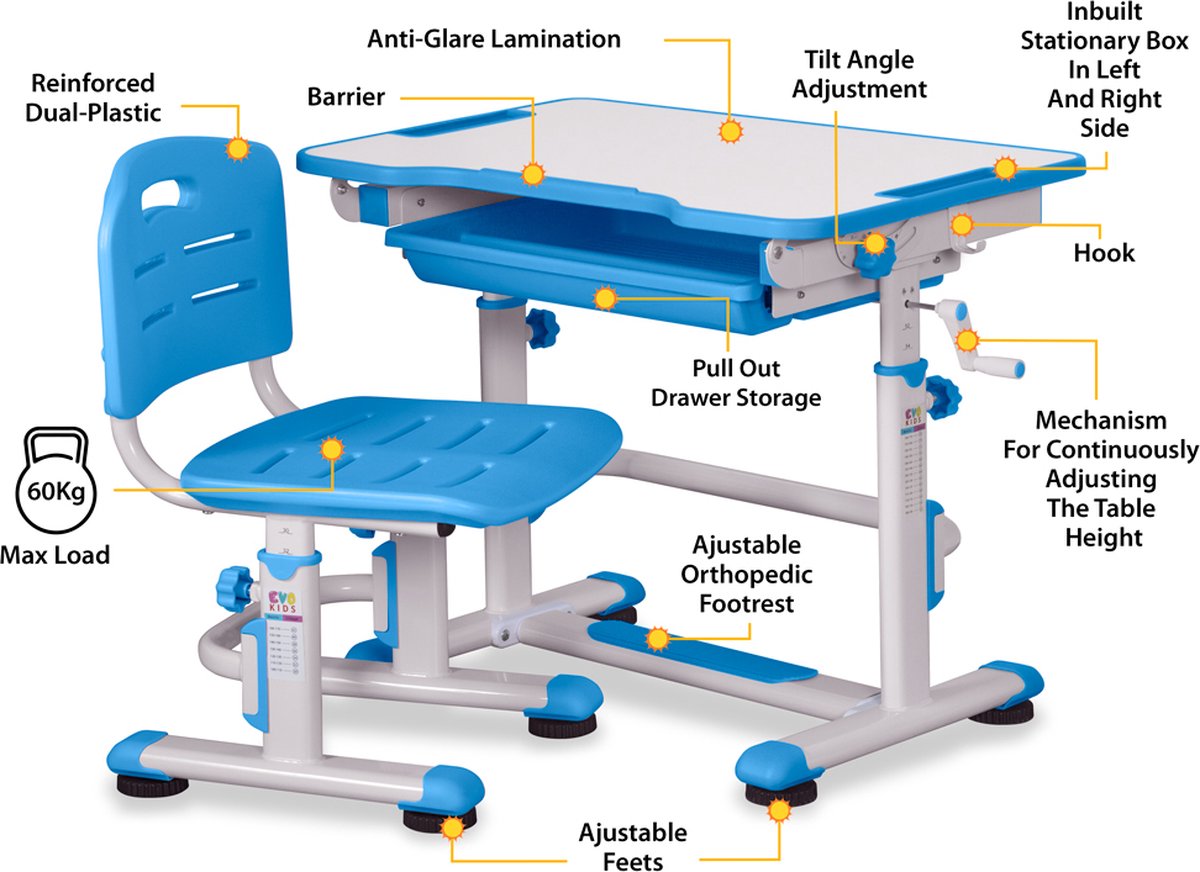 UDIYO Bureau Enfant Hauteur Réglable Avec Chaise Et Tiroir - Table Étude Garçon Fille Motif Dessin Animé Bleu, Pour 3-16 Ans
