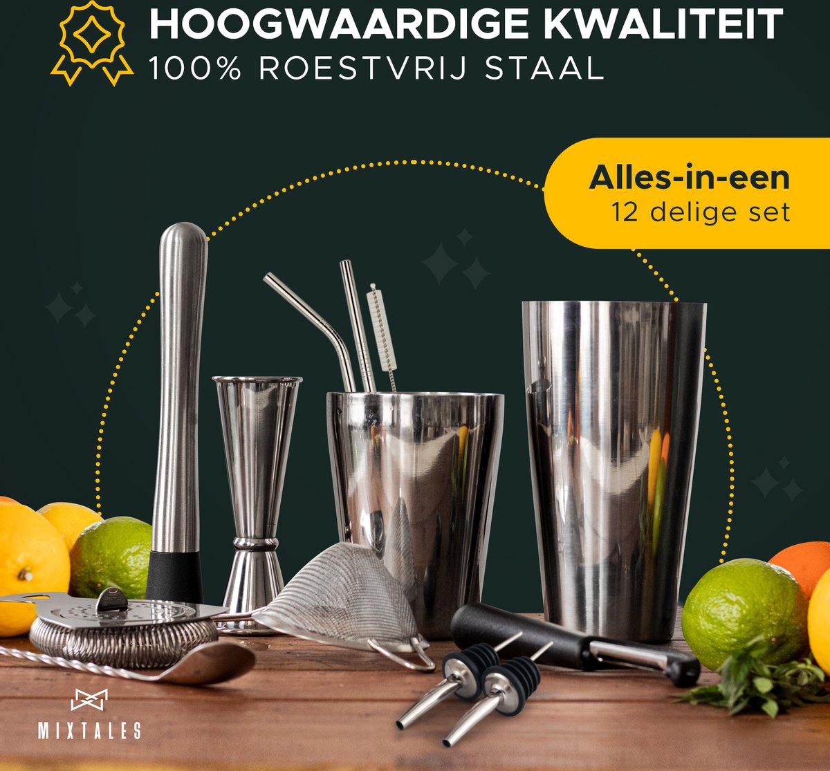 Mixtales® Premium Cocktailset - 12-Delige Set met Cocktail Shaker (830ml) & Stijlvolle Opbergkoker - Ideale Giftset - Incl. Unieke Videocursus door Nederlands Topbartender (t.w.v. €29,95) — cadeau in Kookcadeaus - foto 3