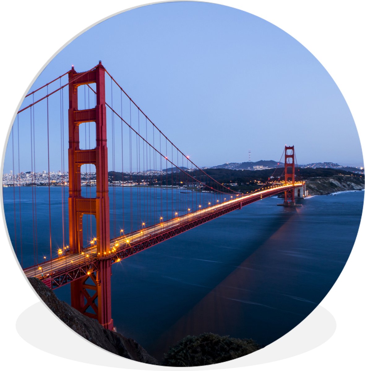 WallCircle - Wandcirkel - Muurcirkel Binnen - Golden Gate Bridge verlicht in de avond - 150x150 cm - Wanddecoratie - Ronde Schilderijen
