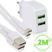 2.1A Dubbele USB Adapter met 2x USB-C Oplader Kabel 2 Meter - Voor GSM, Smartphone, Tablet, Telefoon