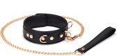 Dark Secret Exclusieve Lederen collar met leiband en goud metalen beslag - zwart/goud