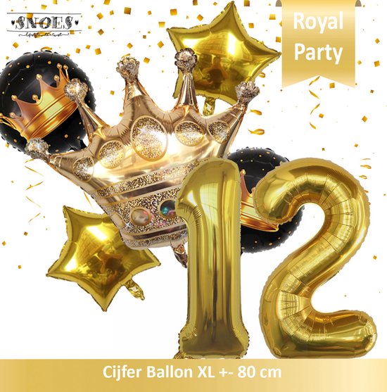 Cijfer Ballon 12 * Snoes * Black & Gold Thema * Prinsen & Prinsessen * Crown * Kroon * Royal Celebration * Verjaardag Decoratie Ballonnen Pakket * Boeket Ballonnen * Nummer Ballon 12
