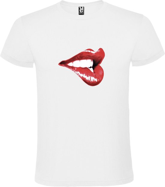 Wit t-shirt met Rode Glanzende Lippen groot size 4XL