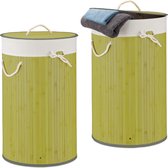 Relaxdays 2x wasmand bamboe - wasbox met deksel - 70 liter - rond - 65 x 41 cm - groen