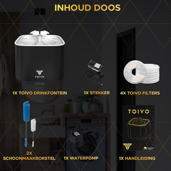 Toivo Drinkfontein Kat - Hond/Kat – 2.5 Liter- Incl. 4 filters en cleaning tool - Waterfontein Kat - Fluisterstil