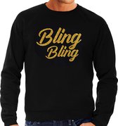 Bling bling sweater zwart met gouden glitter tekst heren - Glitter en Glamour goud party kleding trui M