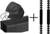 50 Zwarte Wegwerp Mondmaskers | 2 Oorbeschermers | Mondmaskerhouders | Mondmasker Verlengers