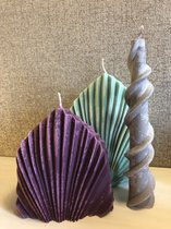 Kaarsen - decoratieve kaarsen SET van 3 - palm speer paars en mint - gedraaide kaars grijs