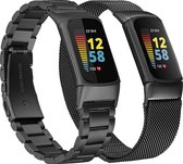 YONO Milanees en Schakel Bandje geschikt voor Fitbit Charge 5 - Milanese en RVS Vervangende Armband Strap - 2-Pack - Zwart