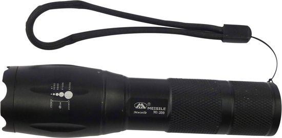 Zwarte aluminium zaklamp van 13 cm met verstelbare lichtbundel en de tekst "MEISILE NO:209".