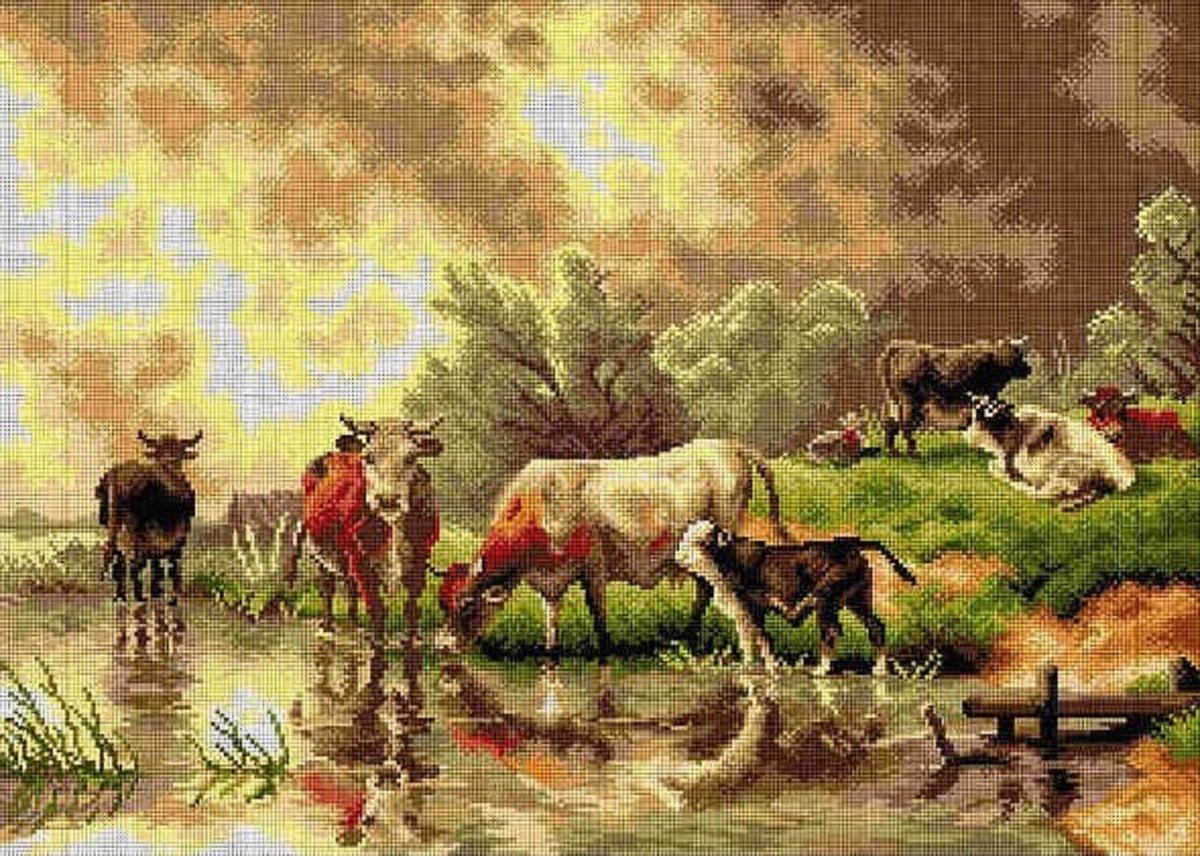 Orchidea - Voorbedrukt stramien After F.J. Voltz - CATTLE WATERING 50 x 70 - EXCLUSIEF GARENS - 2799