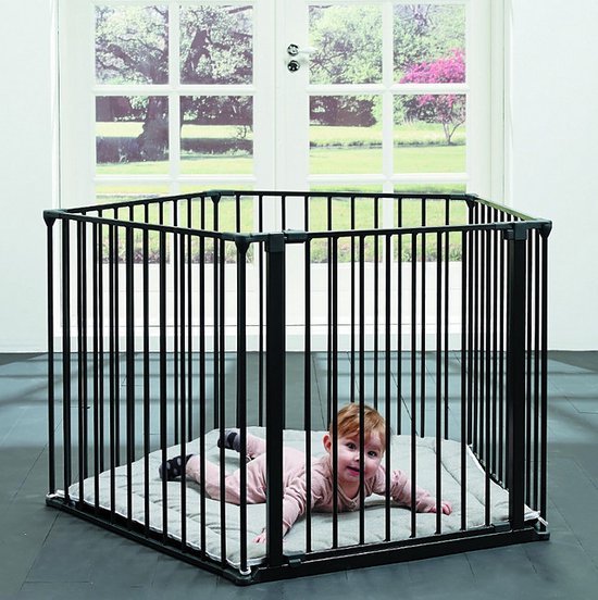 BabyDan box - grondbox - Speelbox - Vijfhoek met deurtje en boxkleed - Metaal - zwart