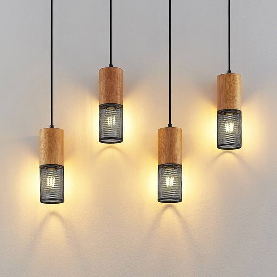 Lindby - Hanglamp - 4 lichts - ijzer, eikenhout - H: 24 cm - E27 - zwart, hout eiken