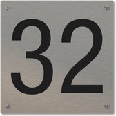 Huisnummerbord - huisnummer 32 - voordeur - 12 x 12 cm - rvs look - schroeven - naambordje nummerbord