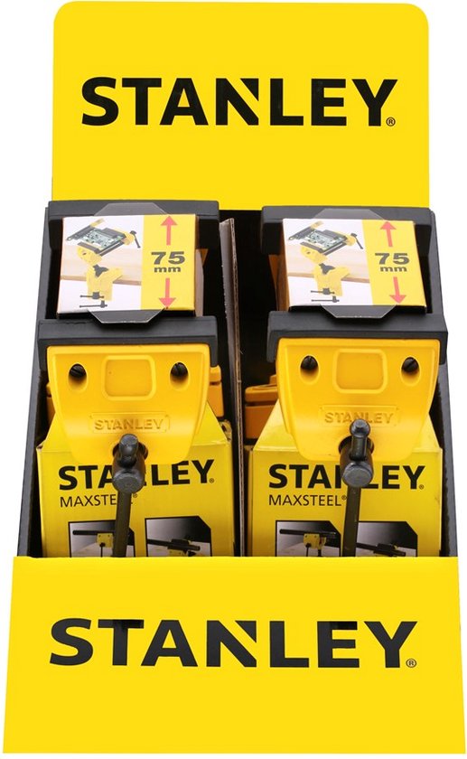 Display met gele Stanley Maxsteel boorklemmen.