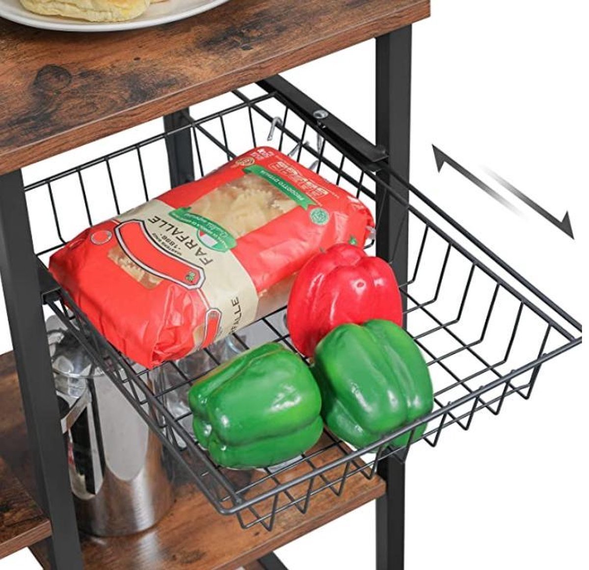 Zaza Home keukenplank, staande plank met metalen mand, bakkerijplank met 6 S-haken en planken, magnetronplank, kruidenrek, voor potten en pannen, industrieel ontwerp, vintage bruin-zwart KKS35X