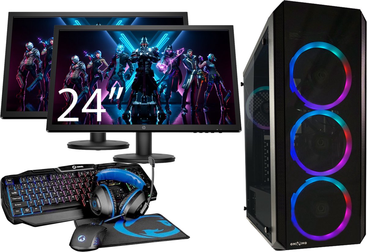 omiXimo - AMD Ryzen 3 Pro - Gaming Set - 24" 2X Gaming Monitor - Keyboard - Muis - Headset - MuisPad | Game PC met monitor - Complete Gaming Setup - 16 GB Ram | 240 GB SSD | LC703B