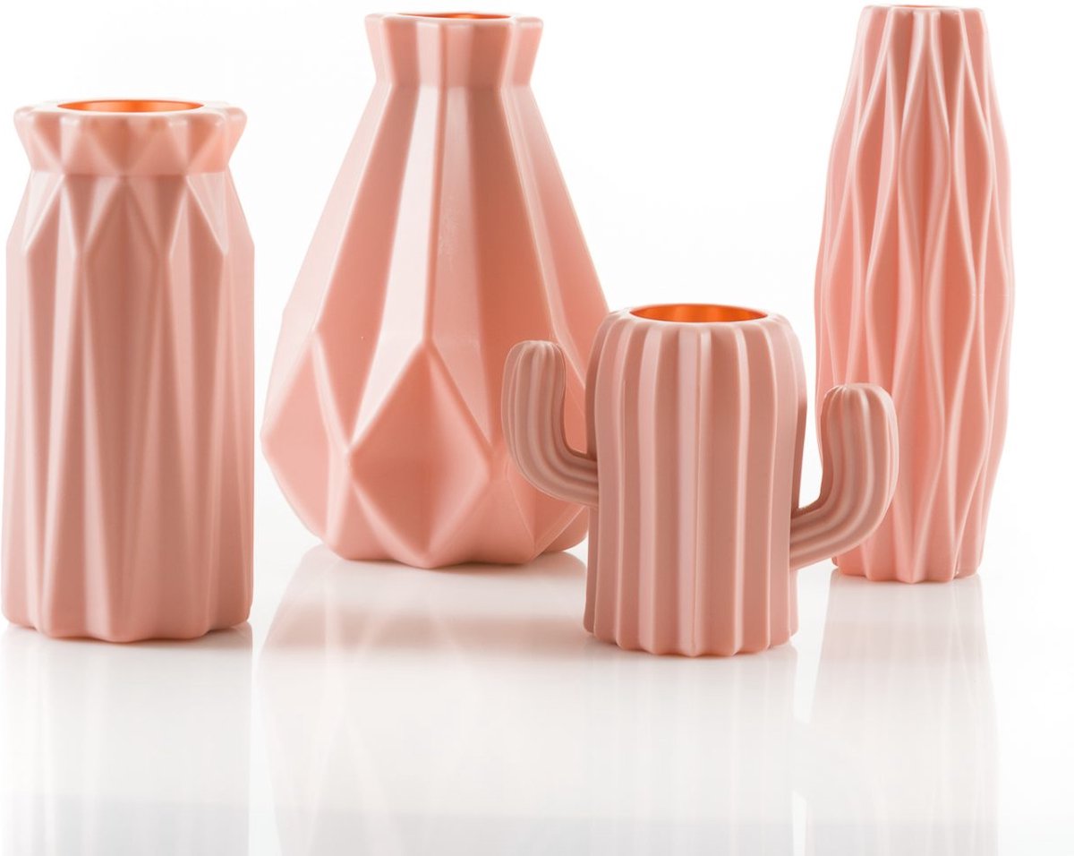 SET VAN 4 onbreekbare vaasjes oud roze - Oud roze bloemenvaas kunststof vaas - bloemvaas decoratief vaasje