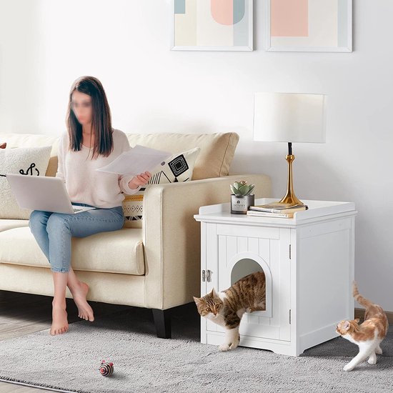 FURNIBELLA -Kattenbak kast, kattenbak, kattenhuis met enkele deur, kattenhol, grote opbergruimte, kattencommode, 48 x 53 x 57,5 cm, wit