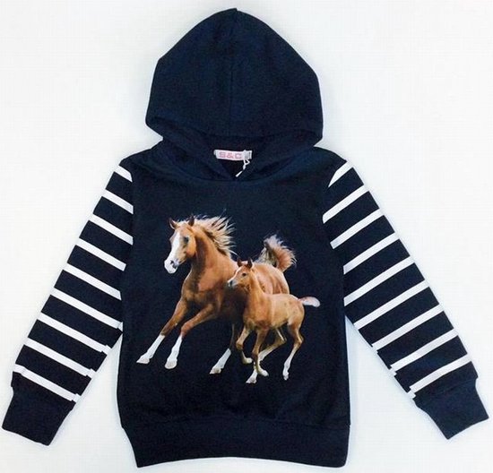 Meisjes hoodie met capuchon en met paardenprint.110/116