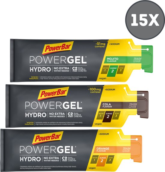 Powerbar HydroGels - Try Out Mix Deal - 15 x 67ml – EnergieGel – 5x Orange + 5x Mojito + 5x Cola
