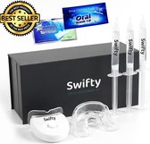 Tandenbleekset - inclusief Teeth Whitening Strips + Wipes + 3 Gelspuiten - Zonder Peroxide 100% Natuurlijk - Dierproefvrij - Wittere Tanden - 3D LED - Teeth Whitening - Swifty