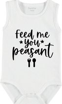 Baby Rompertje met tekst 'Feed me peasant' | mouwloos l | wit zwart | maat 62/68 | cadeau | Kraamcadeau | Kraamkado