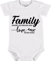 Baby Rompertje met tekst 'Family is where live begins, and love never ends' | Korte mouw l | wit zwart | maat 62/68 | cadeau | Kraamcadeau | Kraamkado