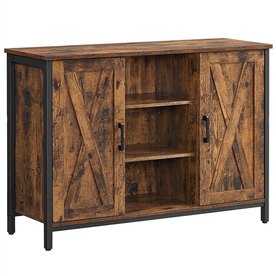 Gesloten bruine buffetkast met houten deuren met X-patroon en zwarte handgrepen. Zwarte metalen poten en frame.