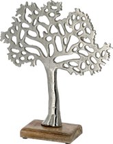 Decoratie levensboom van aluminium op houten voet 25 cm zilver - Tree of life