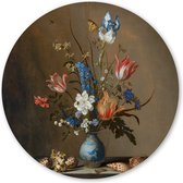 Wandcirkel Bloemen in een Wan-Li vaas en schelpen - 90 cm - Aluminium; Dibond - Schilderij Oude Meesters & Bloemen