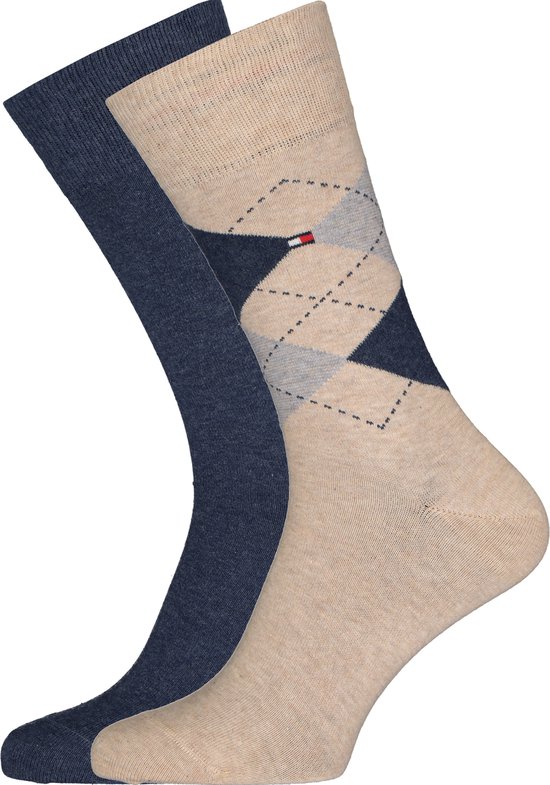Tommy Hilfiger Check Socks (2-pack) - herensokken katoen - geruit en uni - beige met jeansblauw - Maat: