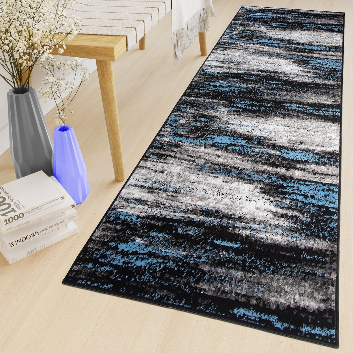 Tapiso Maya Loper Vloerkleed Grijs Zwart Blauw Gang Modern Woonkamer Gang Maat- 100x250