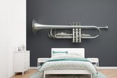 Behang - Fotobehang Een zilveren trompet op een grijze vloer - Breedte 305 cm x hoogte 220 cm