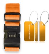 Thousandtravelmiles® – Kofferriem + 2 stuks Aluminium bagagelabels – Oranje – Bagage Riem – Bagageband – Kofferlabel – 3-cijfer slot – Kofferband – Reislabel