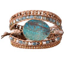 Marama - wikkelarmband Green Valley - edelsteen Amazoniet - dames armband - leer - cadeautje voor haar