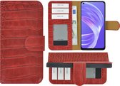 Oppo A73 5G Hoesje - Bookcase - Oppo A73 5G Wallet Book Case Echt Leer Croco Rood Cover