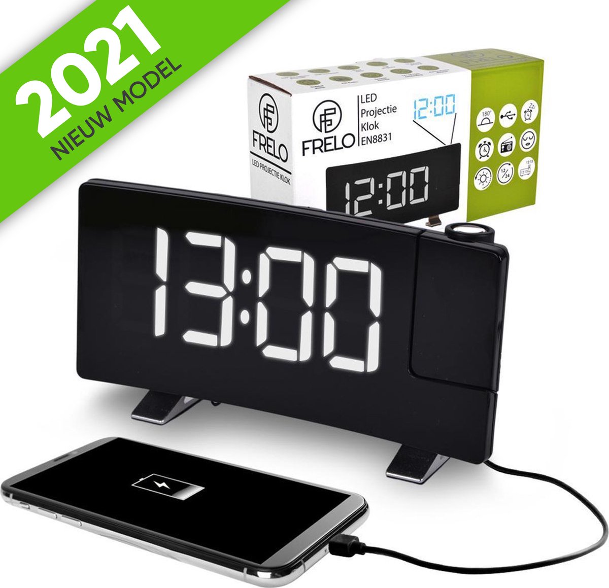 EN8831 Projectieklok Met Wit Led Wekker Laadfunctie Radio Dual