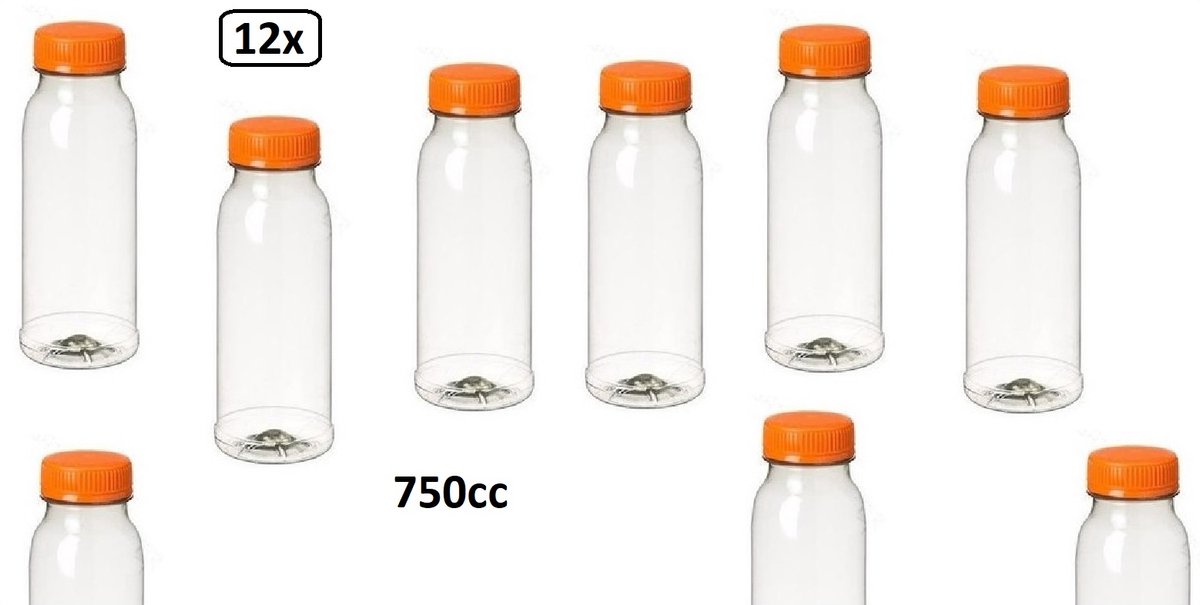 12x Flesje helder 750cc met oranje dop - drinken jus sinas cola sappen dranken